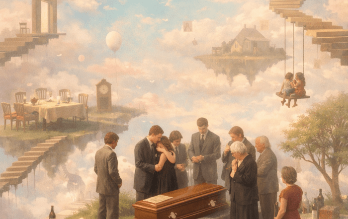 A dreamlike surreal family reunion scene on floating platforms and clouds, where mourners gather around a coffin under a pastel sky. Floating staircases, portraits, and a swing with children create an ethereal atmosphere of memory and loss.