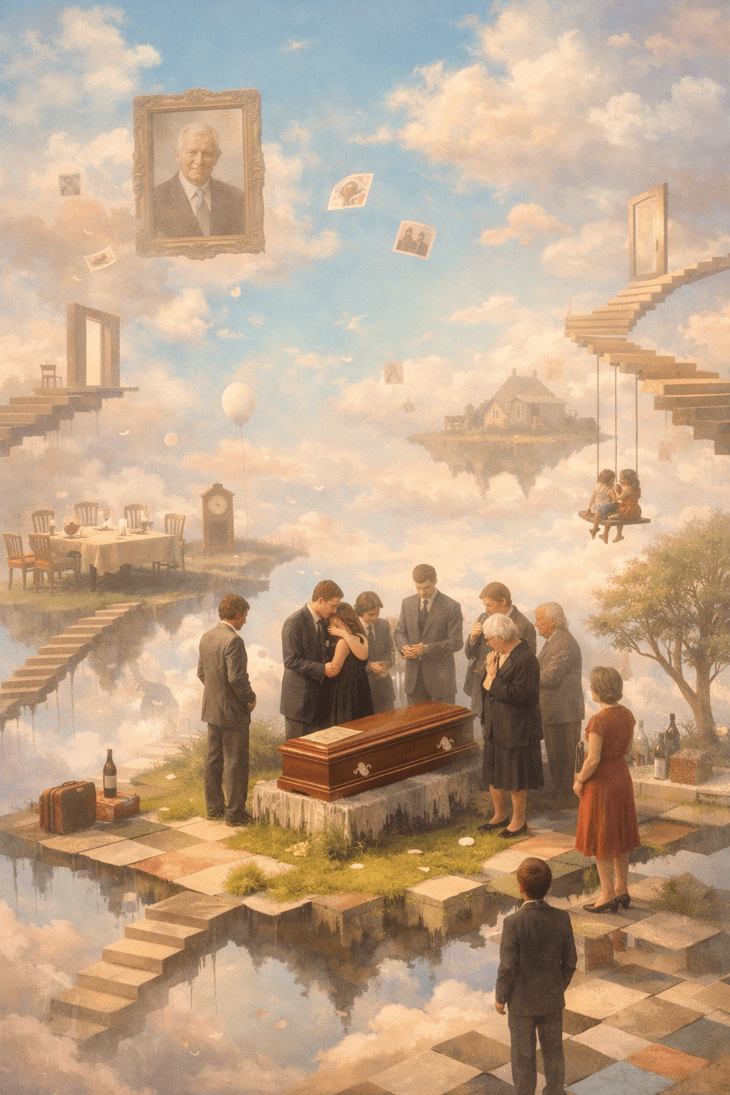 A dreamlike surreal family reunion scene on floating platforms and clouds, where mourners gather around a coffin under a pastel sky. Floating staircases, portraits, and a swing with children create an ethereal atmosphere of memory and loss.