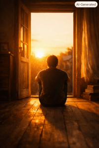 A solitary person sits on an old wooden floor, framed by an open doorway glowing with golden sunset light. Their silhouette faces outward toward the fading sun, surrounded by dust motes, a worn dresser, and a stack of books, evoking quiet reflection and emotional solitude.