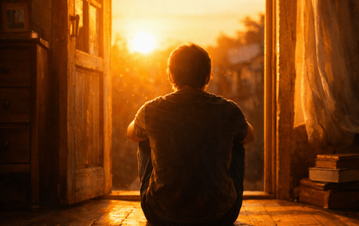 A solitary person sits on an old wooden floor, framed by an open doorway glowing with golden sunset light. Their silhouette faces outward toward the fading sun, surrounded by dust motes, a worn dresser, and a stack of books, evoking quiet reflection and emotional solitude.