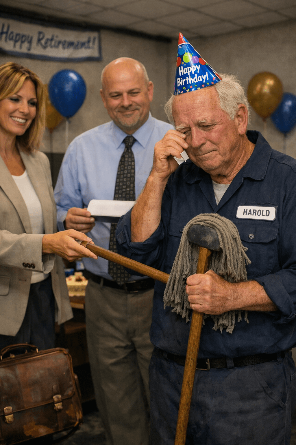 The Promotion 6 Elderly man in a blue janitor uniform wipes away tears as two smiling HR representatives hand him a mop and a “Senior Janitor” certificate during his 60th birthday celebration in an office decorated with balloons and a “Happy Retirement” banner.