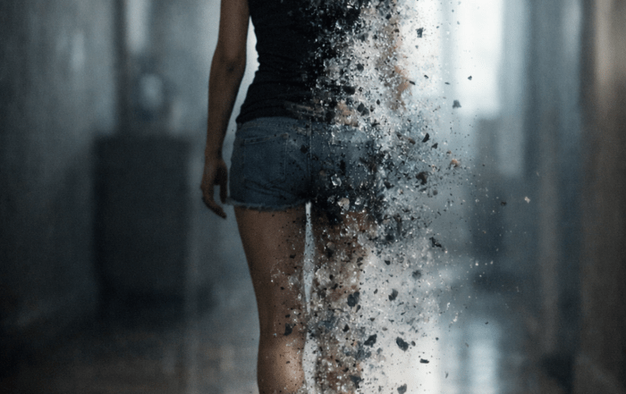 A woman walking barefoot down a dimly lit hallway, her body dissolving into floating particles as she fades away toward a glowing doorway in the distance.