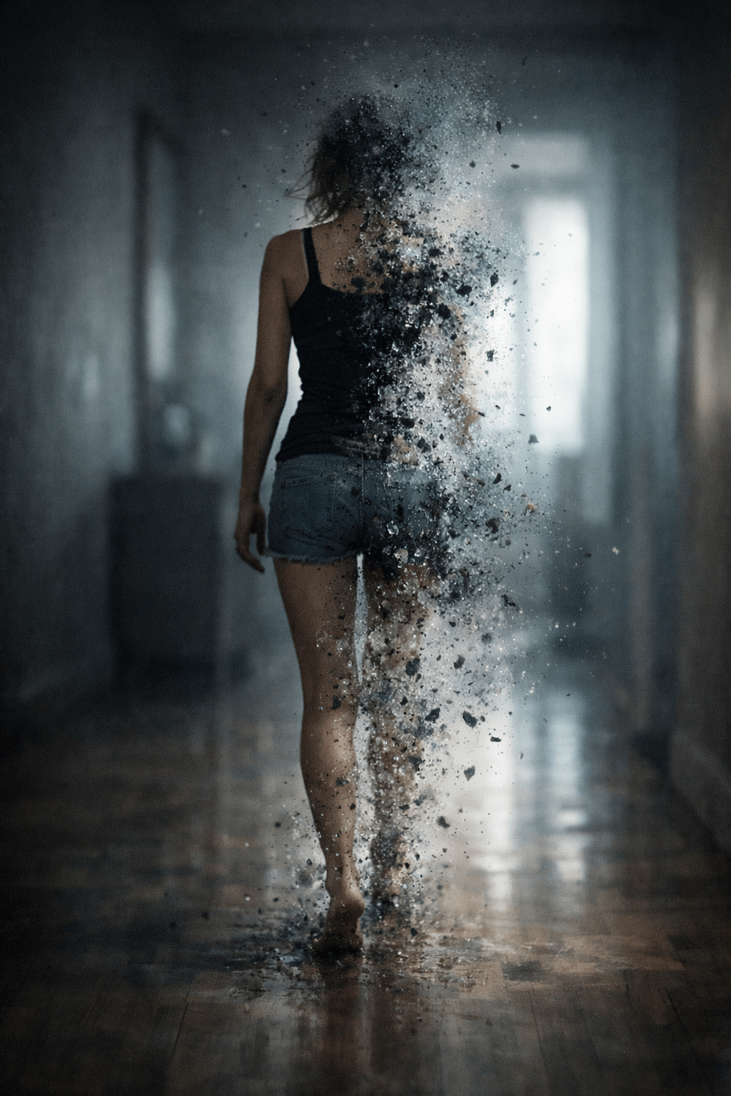 A woman walking barefoot down a dimly lit hallway, her body dissolving into floating particles as she fades away toward a glowing doorway in the distance.