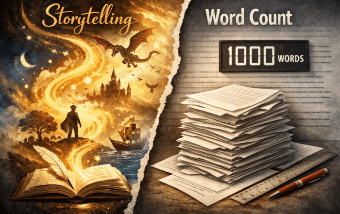 Conceptual illustration contrasting storytelling and word count. The left side shows an open book radiating golden light with a hero, dragon, castle, and ship symbolizing imagination and narrative depth. The right side depicts a stack of papers, ruler, and digital word counter representing quantitative writing metrics. Warm tones on the storytelling side contrast with cool grays on the word count side.