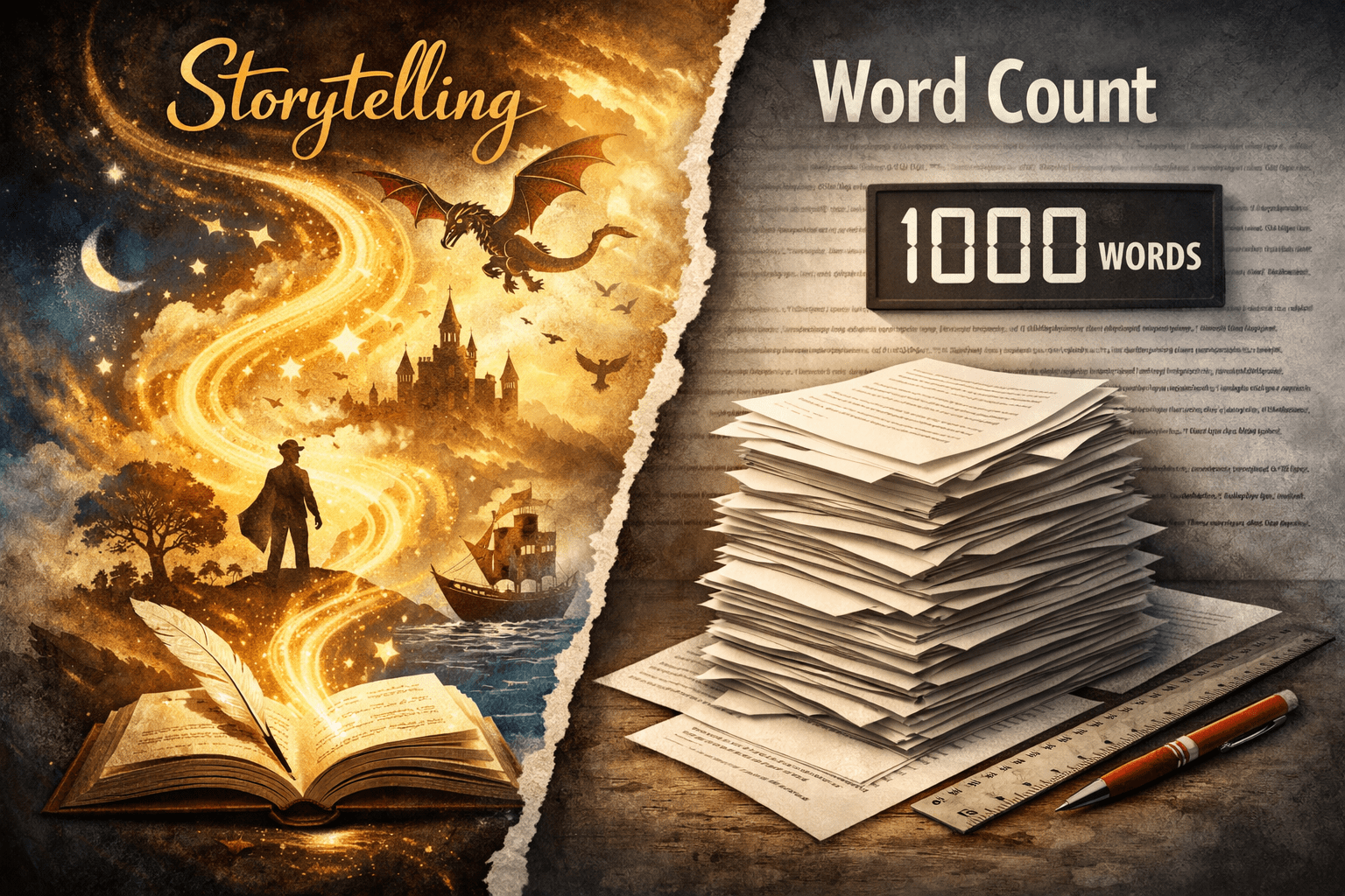 Conceptual illustration contrasting storytelling and word count. The left side shows an open book radiating golden light with a hero, dragon, castle, and ship symbolizing imagination and narrative depth. The right side depicts a stack of papers, ruler, and digital word counter representing quantitative writing metrics. Warm tones on the storytelling side contrast with cool grays on the word count side.