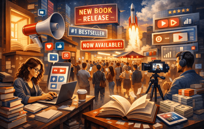 A detailed digital illustration showing the modern publishing world: a female writer typing at a cluttered desk with books and coffee, surrounded by social media icons and a glowing book-shaped doorway; a bustling book fair with neon signs like “NEW BOOK RELEASE” and “#1 BESTSELLER”; a rocket launching near a city skyline filled with screens and ratings; and a male author recording a video beside charts, stacks of books, and money, symbolising creativity, marketing, and the noisy marketplace of modern literature.