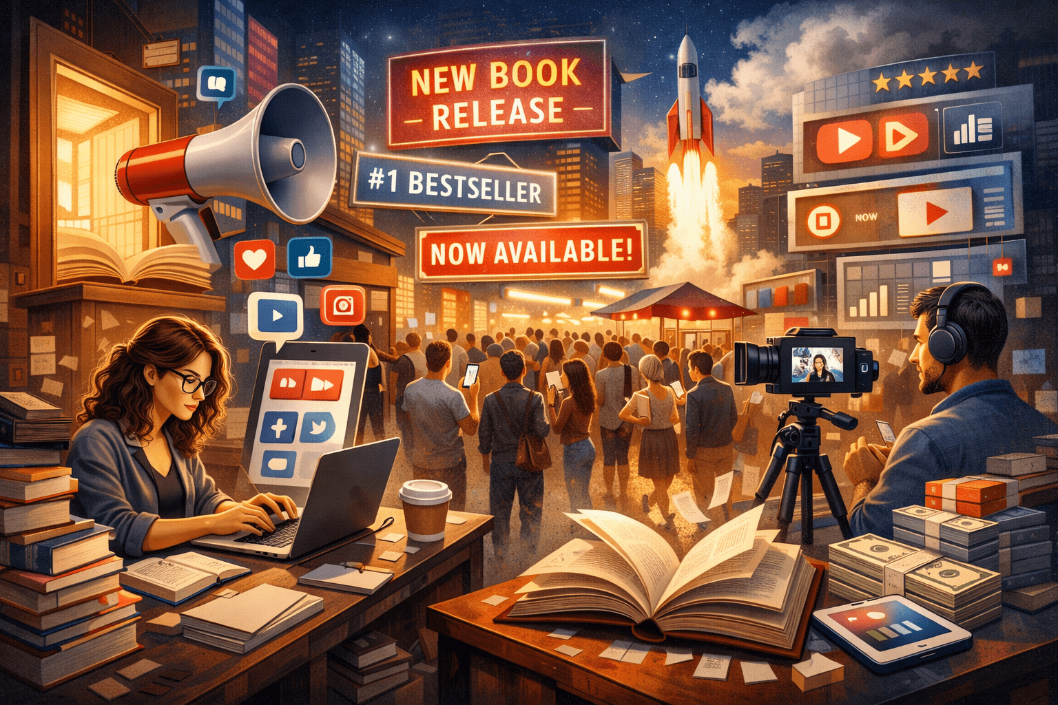 A detailed digital illustration showing the modern publishing world: a female writer typing at a cluttered desk with books and coffee, surrounded by social media icons and a glowing book-shaped doorway; a bustling book fair with neon signs like “NEW BOOK RELEASE” and “#1 BESTSELLER”; a rocket launching near a city skyline filled with screens and ratings; and a male author recording a video beside charts, stacks of books, and money, symbolising creativity, marketing, and the noisy marketplace of modern literature.