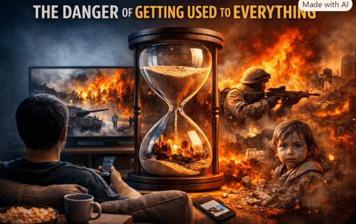 A split-scene illustration showing the contrast between comfort and war. On the left, a person sits on a couch watching a TV that displays tanks and explosions, with popcorn and a drink nearby. In the center, a large hourglass contains a burning city in its lower half. On the right, a soldier aims a rifle amid flames, and a child sits in rubble with a dirty face. At the top, the text reads “THE DANGER OF GETTING USED TO EVERYTHING.”