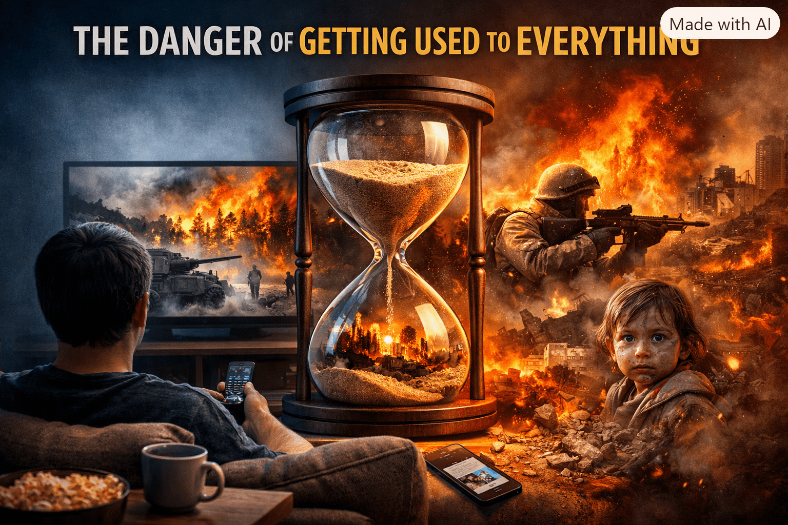 A split-scene illustration showing the contrast between comfort and war. On the left, a person sits on a couch watching a TV that displays tanks and explosions, with popcorn and a drink nearby. In the center, a large hourglass contains a burning city in its lower half. On the right, a soldier aims a rifle amid flames, and a child sits in rubble with a dirty face. At the top, the text reads “THE DANGER OF GETTING USED TO EVERYTHING.”