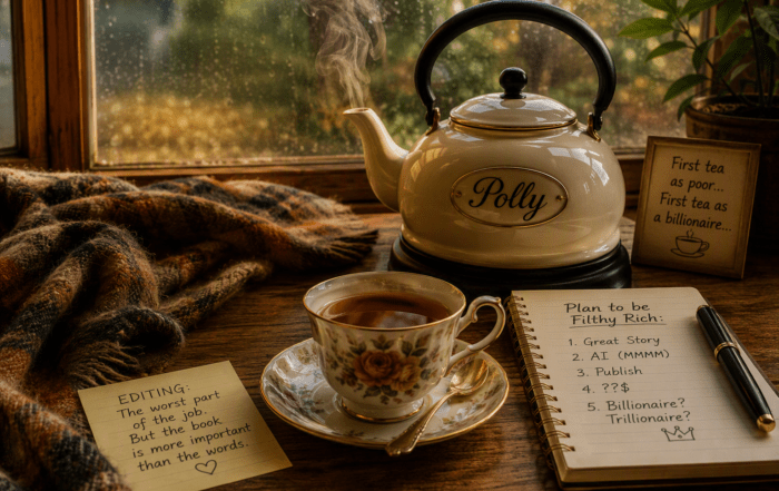 A cozy writing nook beside a rain-speckled window. A cream-colored kettle labeled “Polly” sits on a wooden table, releasing curls of steam into warm golden light. In front of the kettle is an elegant floral teacup and saucer filled with tea, accompanied by a small spoon. A handwritten notebook titled “Plan to be Filthy Rich” rests beside a pen, listing steps involving a great story, AI, and publishing. A sticky note reads, “EDITING: The worst part of the job. But the book is more important than the words.” A framed sign nearby says, “First tea as poor... First tea as a billionaire...” A plaid blanket drapes across the left side of the table, creating a comfortable, reflective atmosphere centered on writing, tea, and creative ambition.