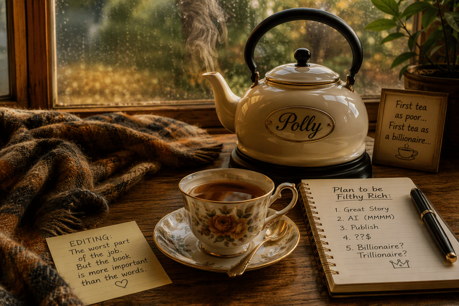 A cozy writing nook beside a rain-speckled window. A cream-colored kettle labeled “Polly” sits on a wooden table, releasing curls of steam into warm golden light. In front of the kettle is an elegant floral teacup and saucer filled with tea, accompanied by a small spoon. A handwritten notebook titled “Plan to be Filthy Rich” rests beside a pen, listing steps involving a great story, AI, and publishing. A sticky note reads, “EDITING: The worst part of the job. But the book is more important than the words.” A framed sign nearby says, “First tea as poor... First tea as a billionaire...” A plaid blanket drapes across the left side of the table, creating a comfortable, reflective atmosphere centered on writing, tea, and creative ambition.