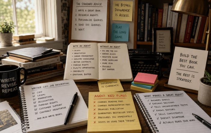 Author's desk with notes about literary agents, publishing contracts, book deals, author careers, and traditional publishing. A visual guide to what literary agents do, how they help writers negotiate rights, and the advantages and disadvantages of literary representation.