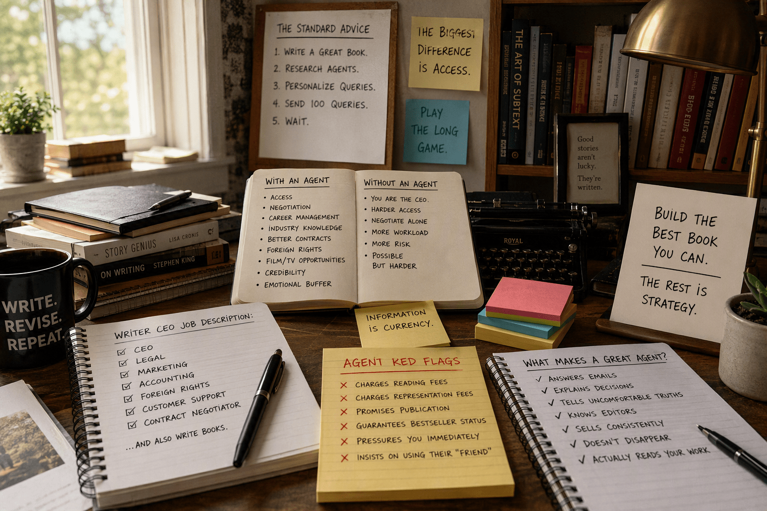 Author's desk with notes about literary agents, publishing contracts, book deals, author careers, and traditional publishing. A visual guide to what literary agents do, how they help writers negotiate rights, and the advantages and disadvantages of literary representation.