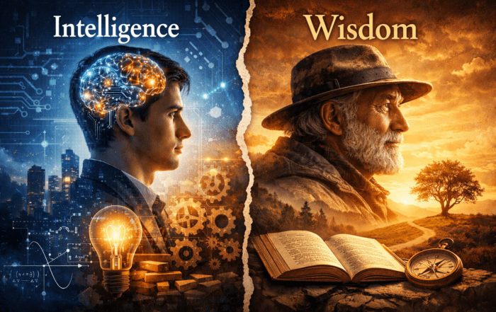 Digital illustration contrasting intelligence and wisdom. On the left, a young man with a glowing brain and blue circuitry symbolises analytical thinking and technology. On the right, an older man with a beard, warm sunset tones, an open book, and a compass represents reflection and experience. A jagged line divides the two halves, highlighting the difference between intellect and insight.