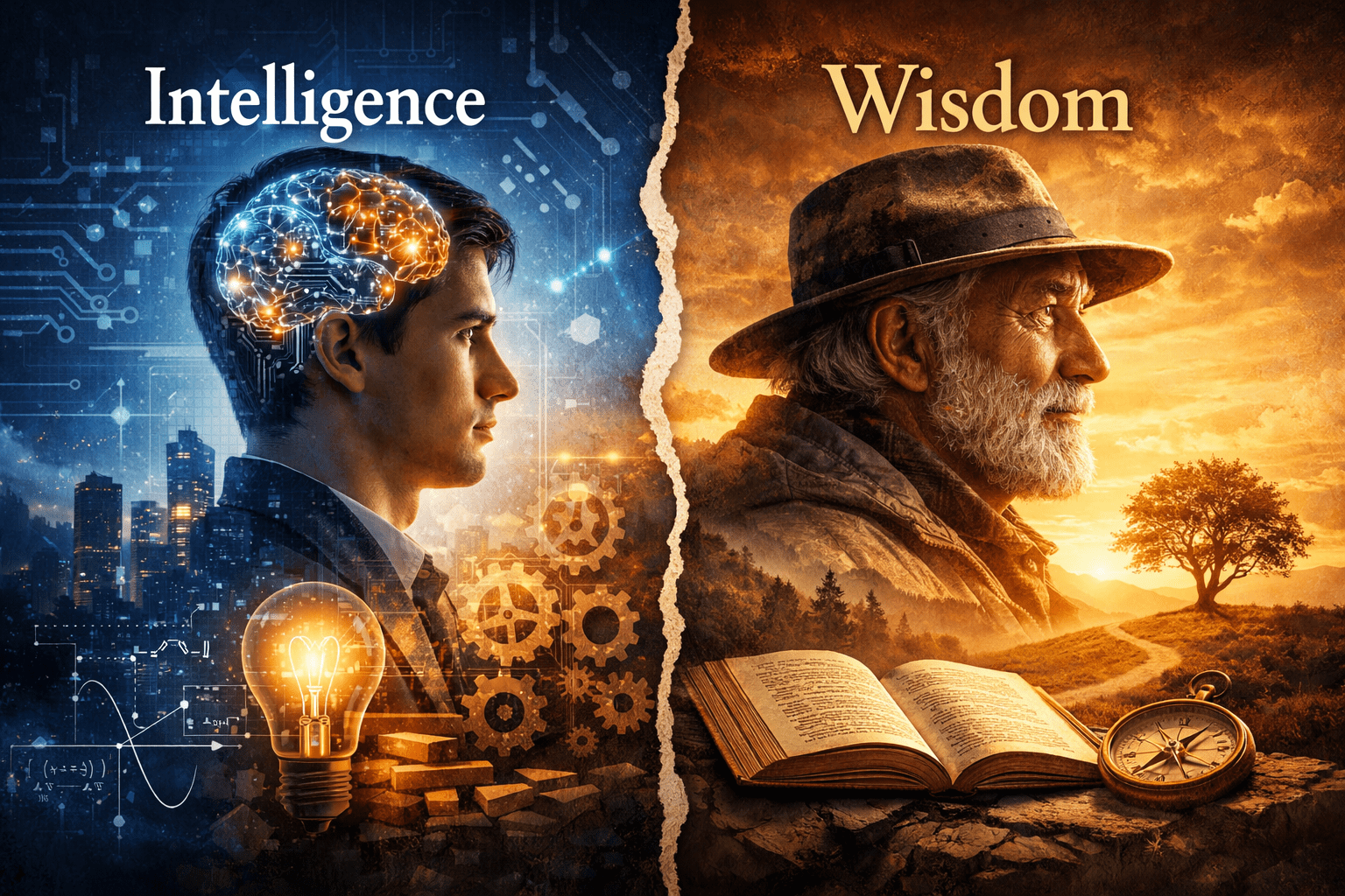 Digital illustration contrasting intelligence and wisdom. On the left, a young man with a glowing brain and blue circuitry symbolises analytical thinking and technology. On the right, an older man with a beard, warm sunset tones, an open book, and a compass represents reflection and experience. A jagged line divides the two halves, highlighting the difference between intellect and insight.